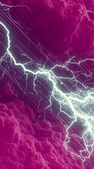 Bright white lightning is striking through magenta and purple clouds during an intense electric storm, creating a dramatic and powerful scene