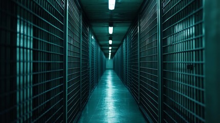 A narrow corridor lined with heavy metal bars stretches into the darkness, illuminated by harsh fluorescent lights, creating a haunting ambiance