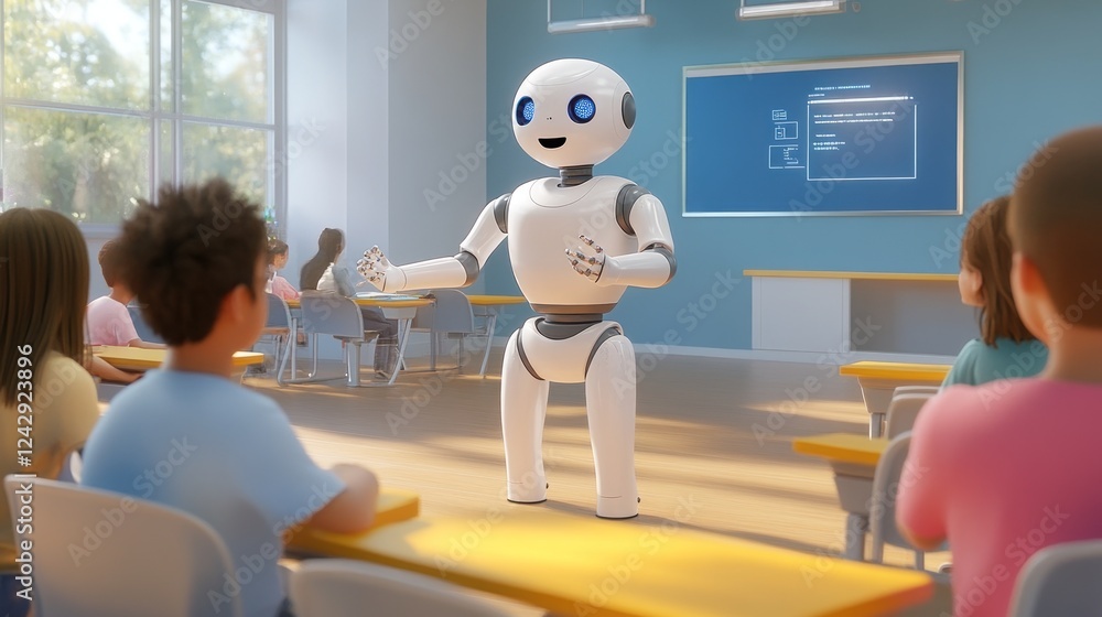 Poster robot teacher educates students in classroom setting