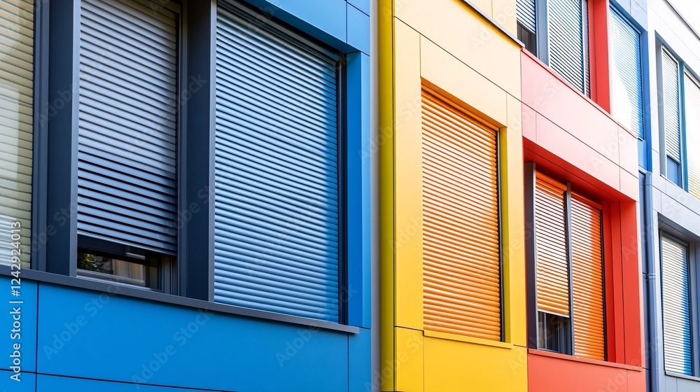 Poster modern building facade showing colorful contemporary windows with security shutters