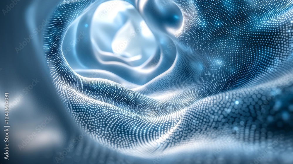 Poster azure hues swirl gracefully through a three-dimensional vortex, where luminous dots dance in harmony