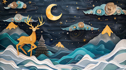 Naklejka premium 3d modern art mural wallpaper night landscape, white clouds with dark background. Golden Christmas tree, mountain, golden deer, light moon, golden and black waves. for wall decoration