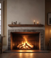 Warm glow of a fireplace on a cold winter's day, warm glow, snowy window