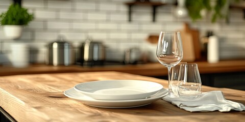 Fototapeta premium Minimalist Kitchen Table Setting with Wine Glass and Plates