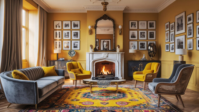 Fototapeta Classic Antique Living Room with Eclectic Interior Design Featuring Warm Yellow and Peach Shades Sofa Carpet Fireplace and Photo Gallery Wall Art  Interior Design Inspiration