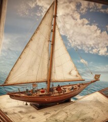 Fototapeta premium Vintage sailboat with a navigational chart on the chart table, ocean waves, sailing boat, vintage sailing yacht