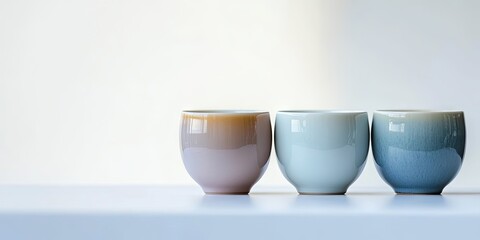 Three Pastel Ceramic Cups on White Background