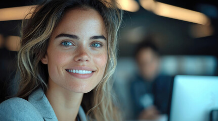 female IT tech support manager smiling warmly while assisting a colleague in a sleek, modern office.