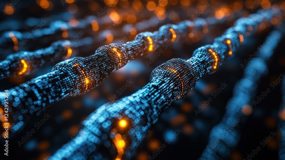 Poster futuristic digital network of interconnected nodes glowing in vibrant colors on a dark background