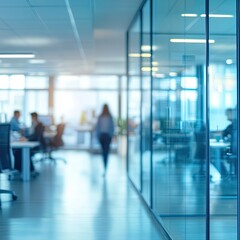 Blurred office interior background with a blurred door and glass wall, blurry bokeh light effect for a business concept design. High-quality photo, taken with a telephoto lens in realistic daylight. 