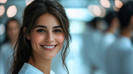 female IT tech support manager smiling warmly while assisting a colleague in a sleek, modern office.