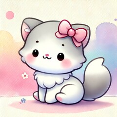 Naklejka premium A cute gray and white cartoon kitten with a pink bow, sitting against a soft pastel background