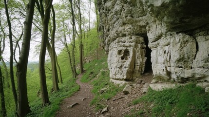 Forest Trail Leading to a Rock Cave Entrance