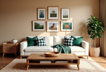 Fototapeta premium Modern Farmhouse Living Room, Light Tan Walls, White Sofa, Green Plaid Pillows, Wooden Coffee Table, Framed Pictures, Wood Bench, Warm Lighting, Boho Chic Decor. 