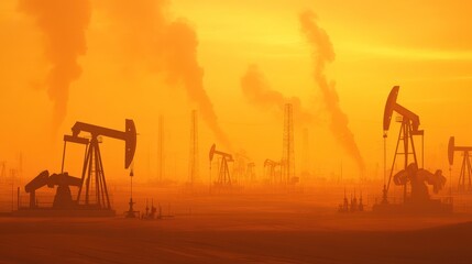 Oil derricks pump oil under a hazy orange sky