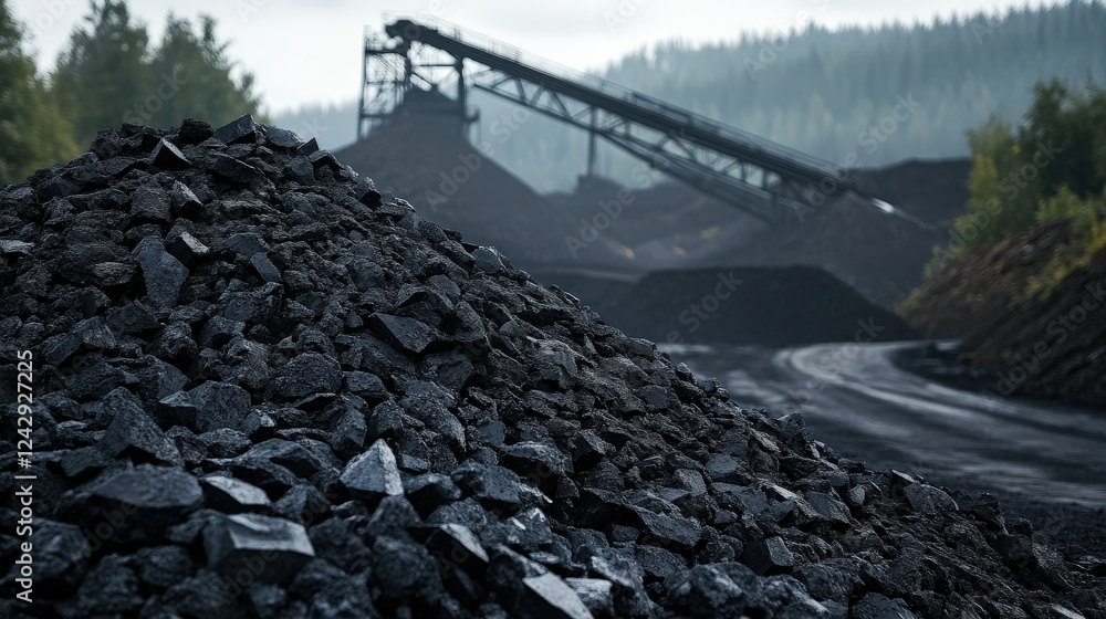 Poster large coal piles in a mining area with machinery in the background under a cloudy sky