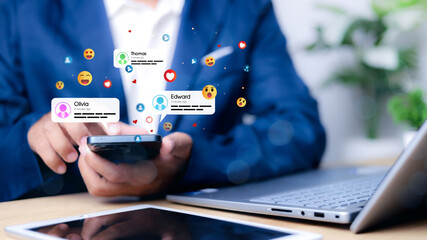 Social media and digital online concept, man using smart phone with Social media. online marketing, technology, chat, post, like, follow at phone screen.