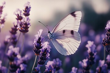 Naklejka premium A serene capture of a butterfly among a backdrop of blooming lavender, its wings elegantly contrasting against the vibrant purple flowers.