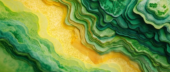 Abstract aerial view of a green and yellow forest landscape, paper cut art