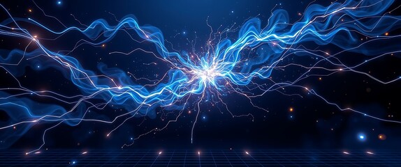 Dynamic energy burst with electric blue light patterns and radiant sparks