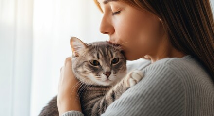 Young caucasian female hugging and kissing tabby cat in serene moment