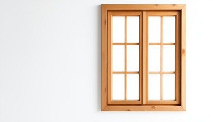 Fototapeta premium Wooden window with multiple panes frames a bright, empty wall in a modern interior setting.