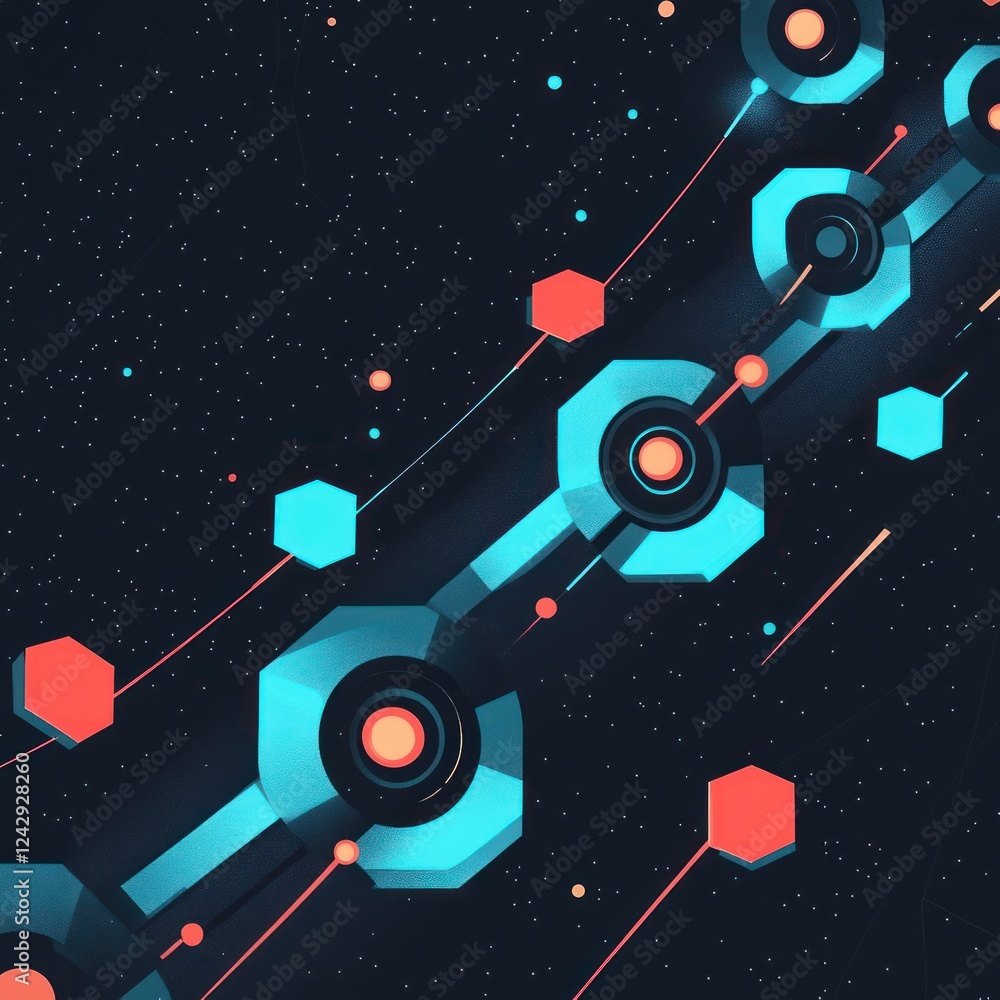 Poster geometric shapes on a diagonal line over a dark background of dots, for technology use