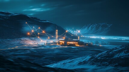 A scientific research station in the Arctic with glowing wireless data streams connecting it to the global internet.