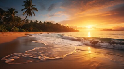 Tropical beach with a stunning morning view, golden sunrise reflecting on the calm ocean waves and palm trees lining the shore
