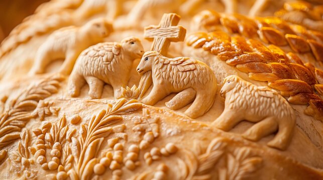 A close up of a beautifully sculpted Paska bread with a dough centerpiece depicting Easter symbols like lambs and crosses