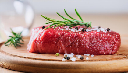 Fototapeta premium Raw beef steak slice with rosemary, salt and pepper on wooden cutting board. Fresh meat.