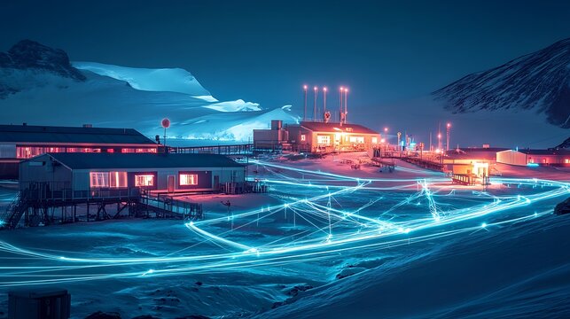 A scientific research station in the Arctic with glowing wireless data streams connecting it to the global internet. - Powered by Adobe