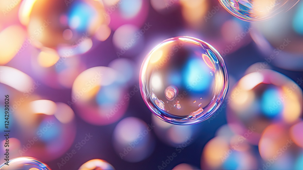 Poster Iridescent Bubbles Floating In A Colorful Background