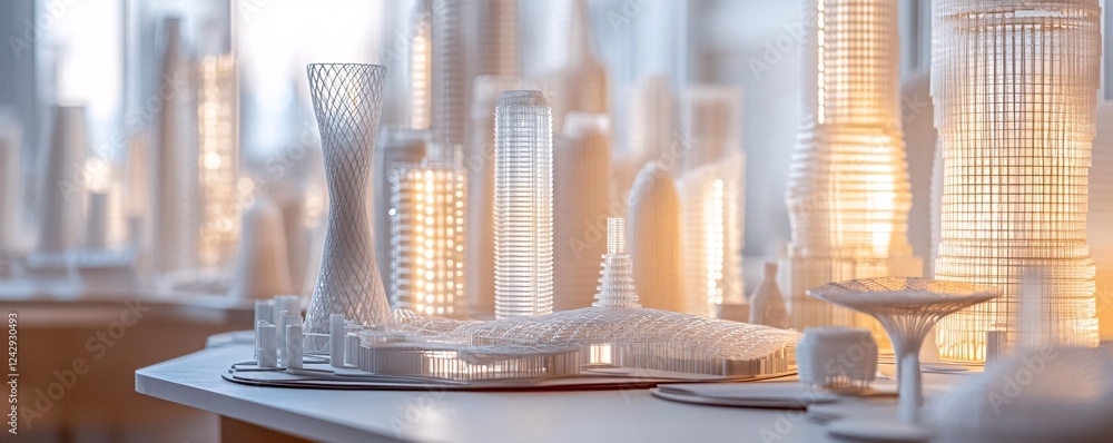 Poster architectural model illuminated on table showing modern city design