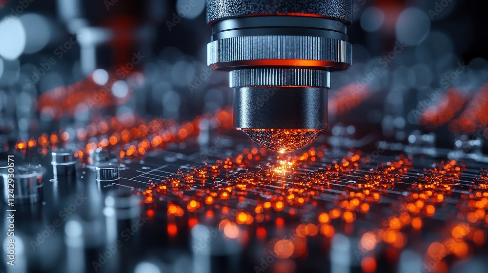 Aufkleber close-up of precision machinery inspecting illuminated circuit board with intricate details