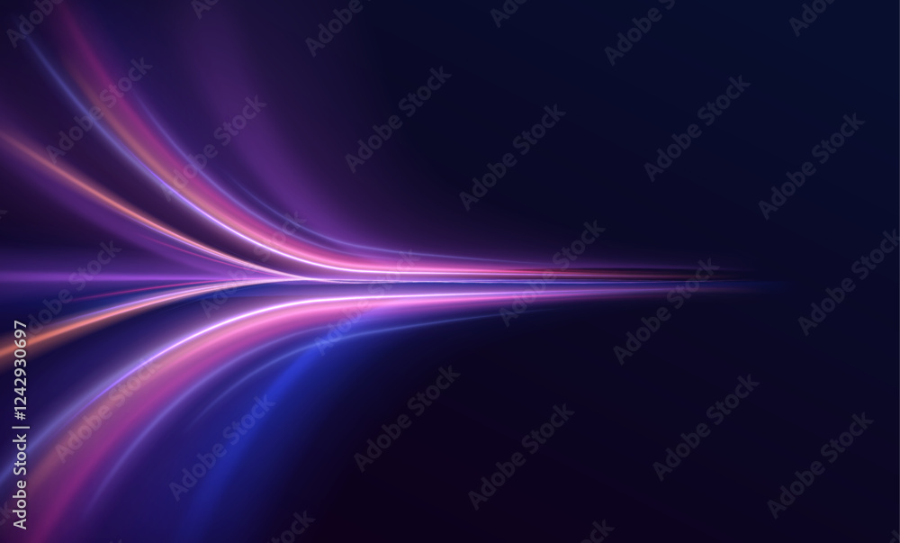 Poster Lines in the shape of a comet against a dark background. Vortex streams of neon light. Abstract vector fire circles, sparkling swirls and energy light spiral frames.	