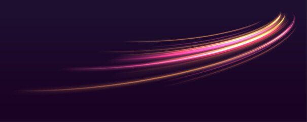 Vibrant neon waves on dark backdrop, ideal for modern design projects. Neon color glowing lines. Electric car and city concept Hitech communication concept innovation background, vector design.	