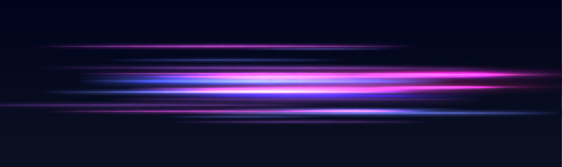 High speed effect motion blur night lights blue and red. Magic shining neon light line trails. Vector speed of light in space on dark background.	