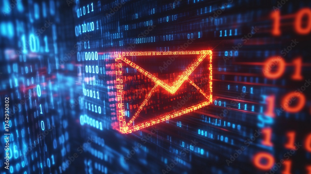 Aufkleber Red digital envelope flying through binary code stream data transfer