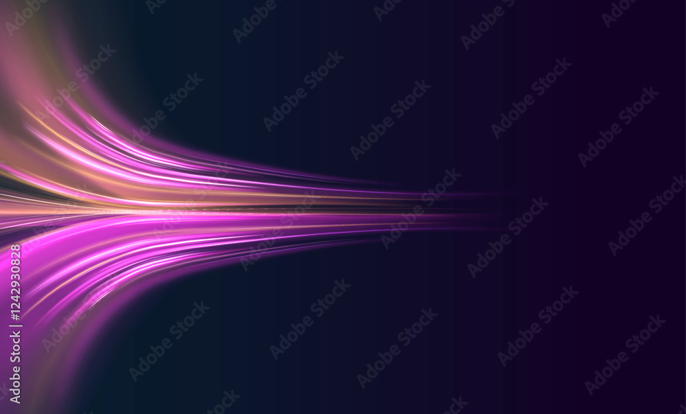 Poster Lines in the shape of a comet against a dark background. Vortex streams of neon light. Abstract vector fire circles, sparkling swirls and energy light spiral frames.	