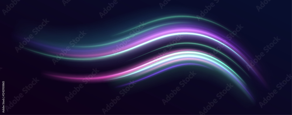 Poster Lines in the shape of a comet against a dark background. Vortex streams of neon light. Abstract vector fire circles, sparkling swirls and energy light spiral frames.	
