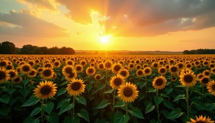 Golden light casts a long shadow across the sunflower field at sunset, landscape, shadows