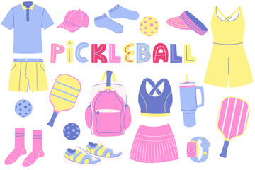 Different Pickleball sport equipment and clothes. Pickleball inventory, pickleball and tennis accessories. Healthy lifestyle concept. Hand drawn Vector set