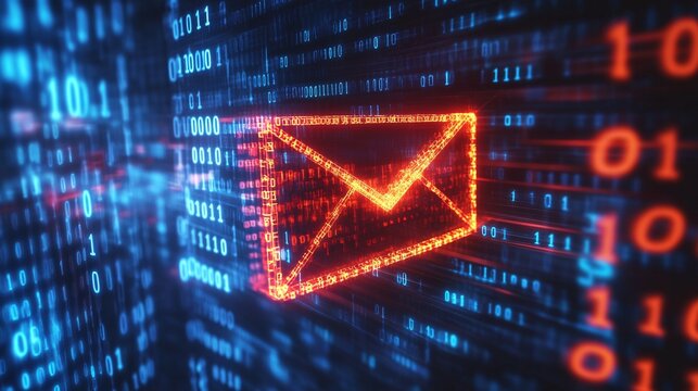 Red digital envelope flying through binary code stream data transfer
