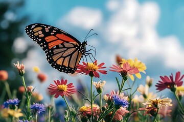 Obraz premium A stunning butterfly hovering over a patch of wildflowers, with colorful petals swaying under a gentle breeze, showcasing an idyllic outdoor scene.