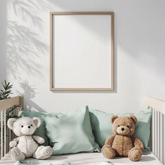 white blank mockup frame, above a cute boho child room, a cute toy, clean, Studio lighting