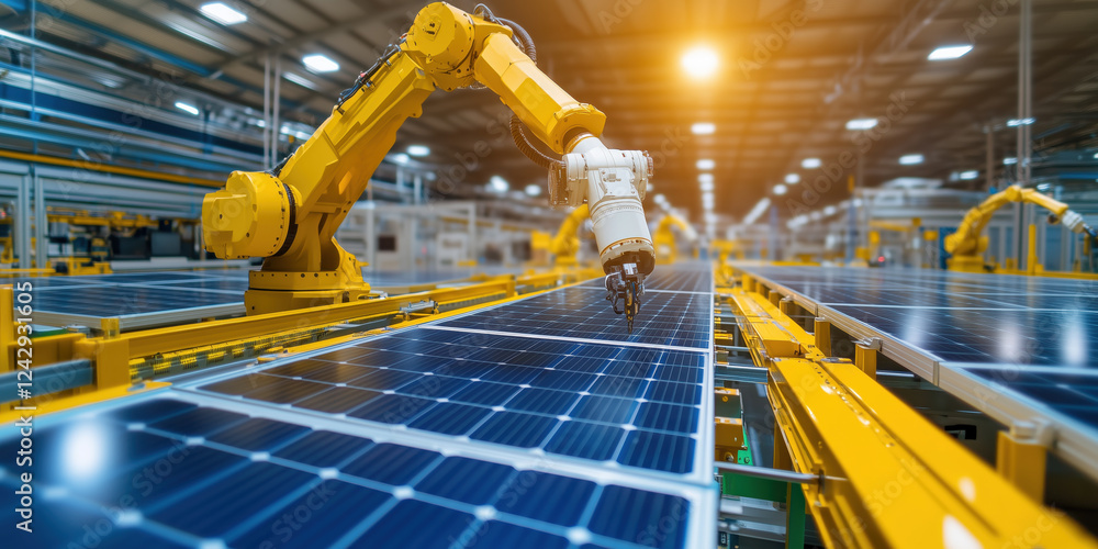 Poster automated robotic arm working on solar panel production line in factory