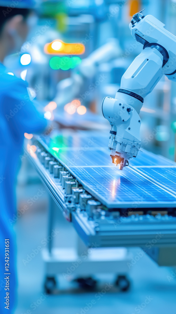 Poster automated robotic arm working on solar panel production line
