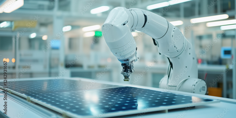 Poster automated robotic arm working on solar panel assembly in factory