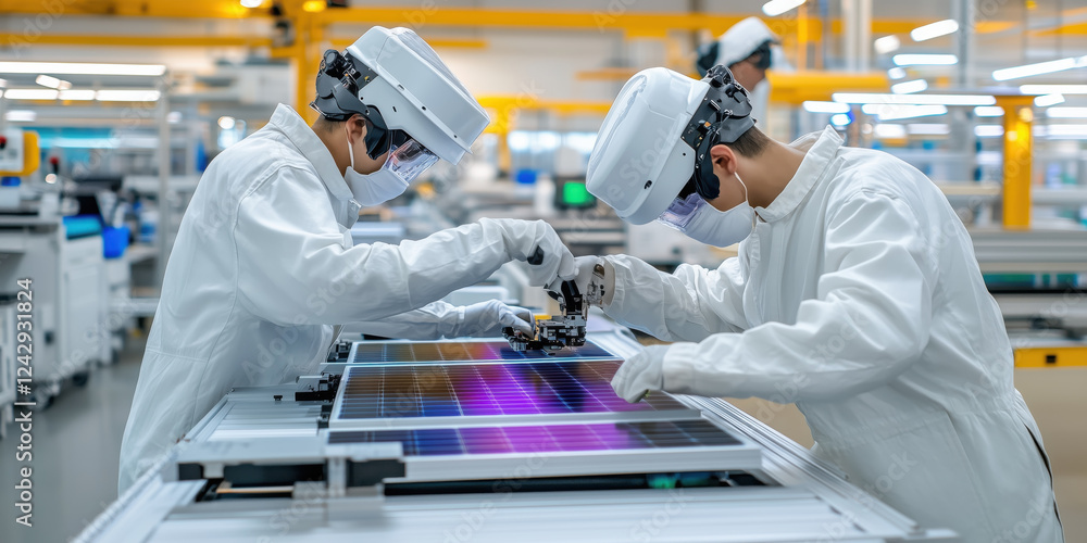 Poster efficient workers assembling solar panels in modern factory environment